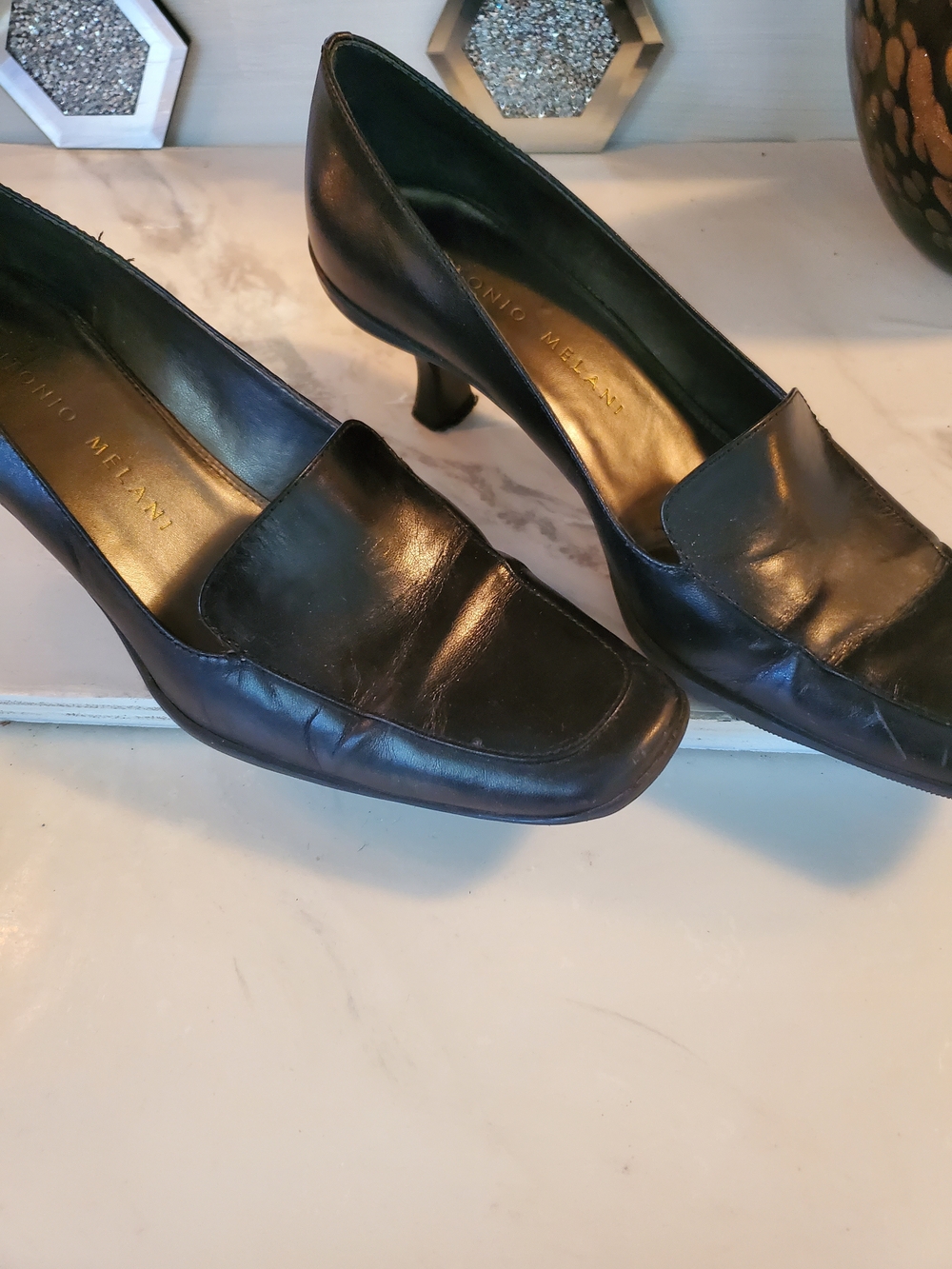 ANTONIO MELANI Black Leather Kitten Heel Loafers